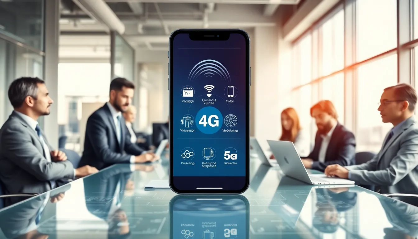 smartphone displaying network compatibility in a modern office.