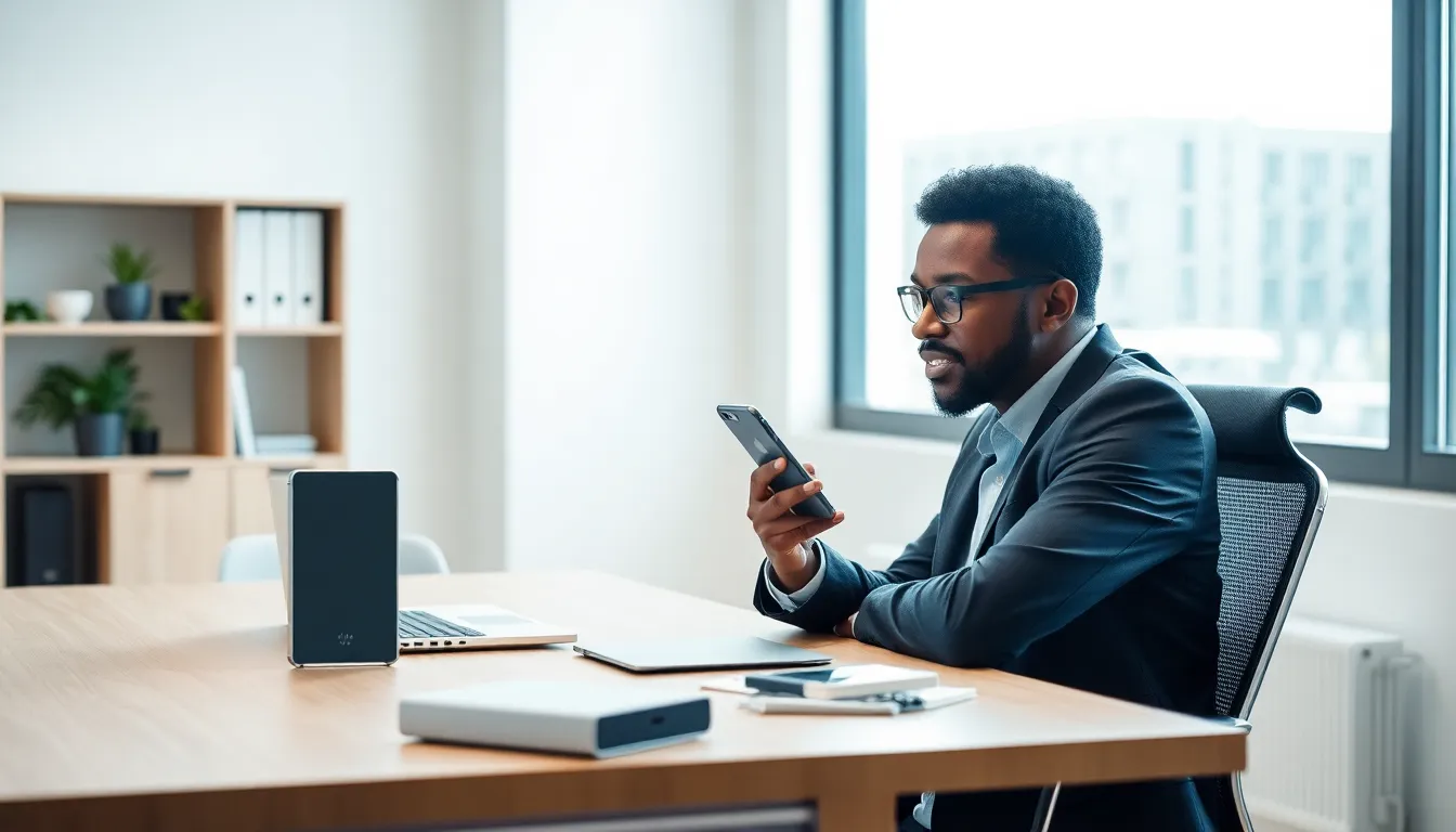 professional using a mobile phone with a cell phone booster in an office.