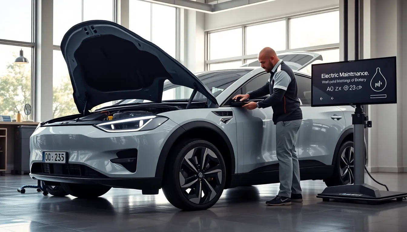 Technician inspecting an electric vehicle in a modern service center.