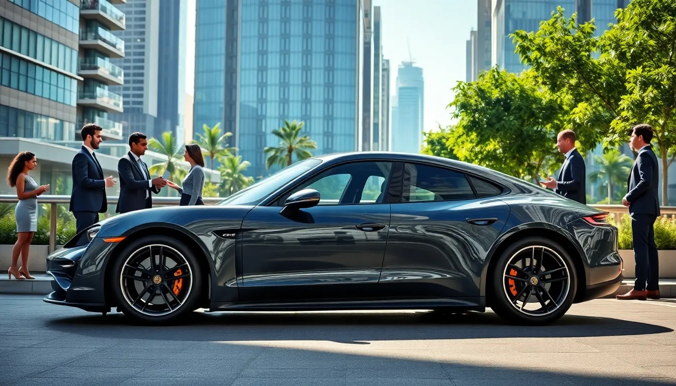 Porsche electric vehicle in a futuristic urban setting.