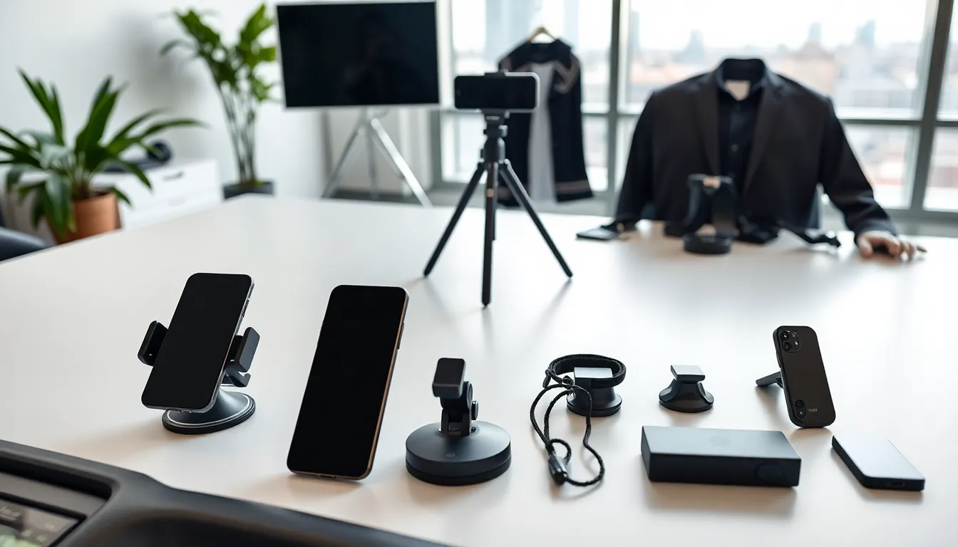 various types of mobile phone holders arranged on a modern workspace.