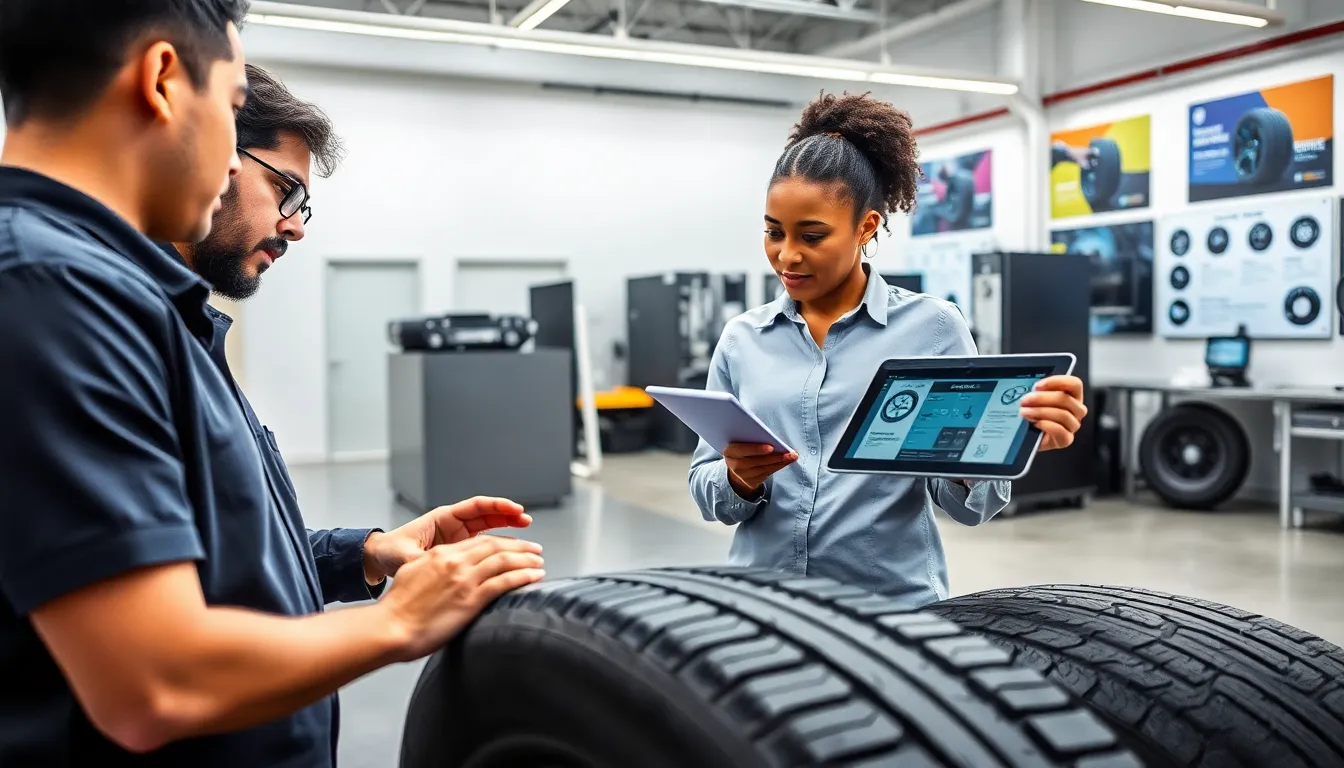 team discussing specialized tires for electric vehicles in a modern workshop.