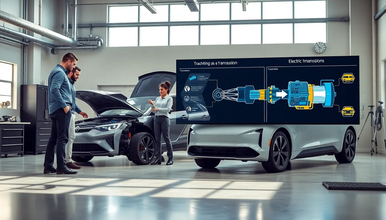 professionals reviewing electric vehicle mechanics in a modern workshop.