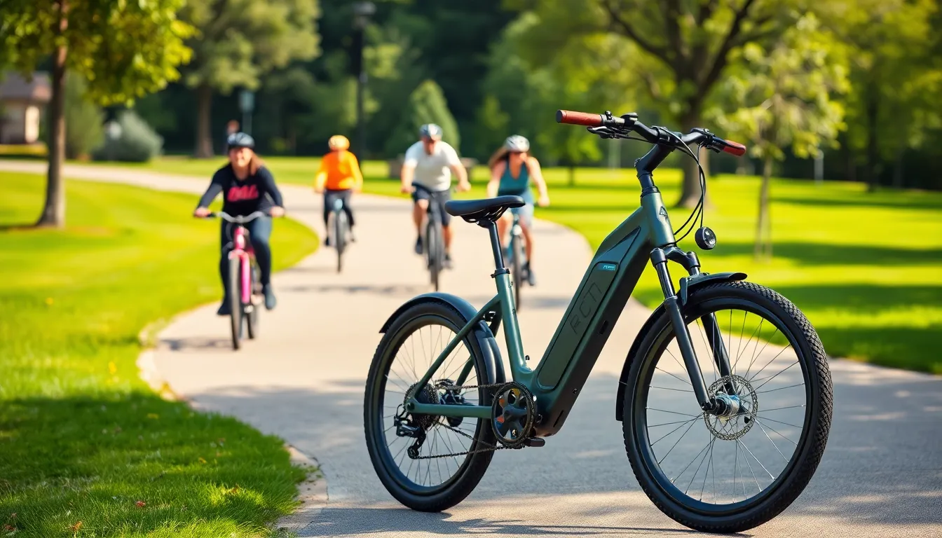 electric bikes on a scenic cycling path in a park.