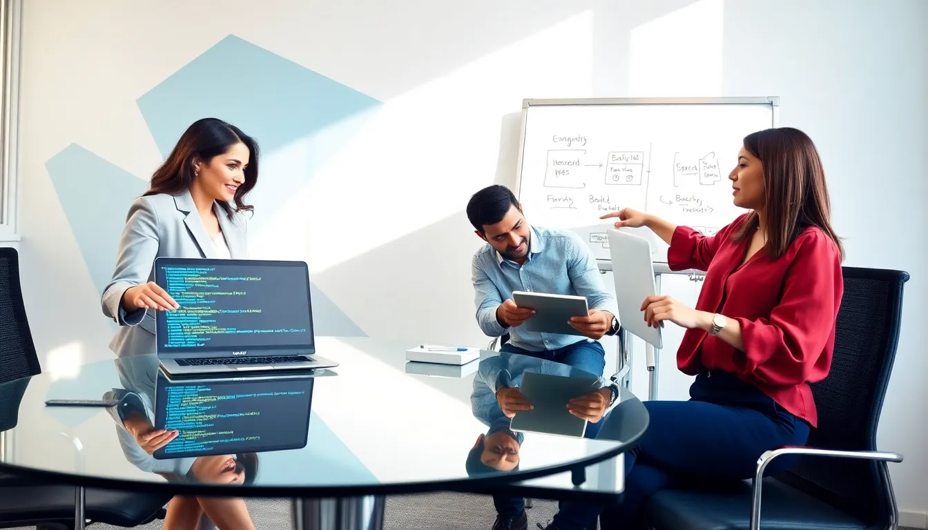 diverse professionals discussing web development programming languages.