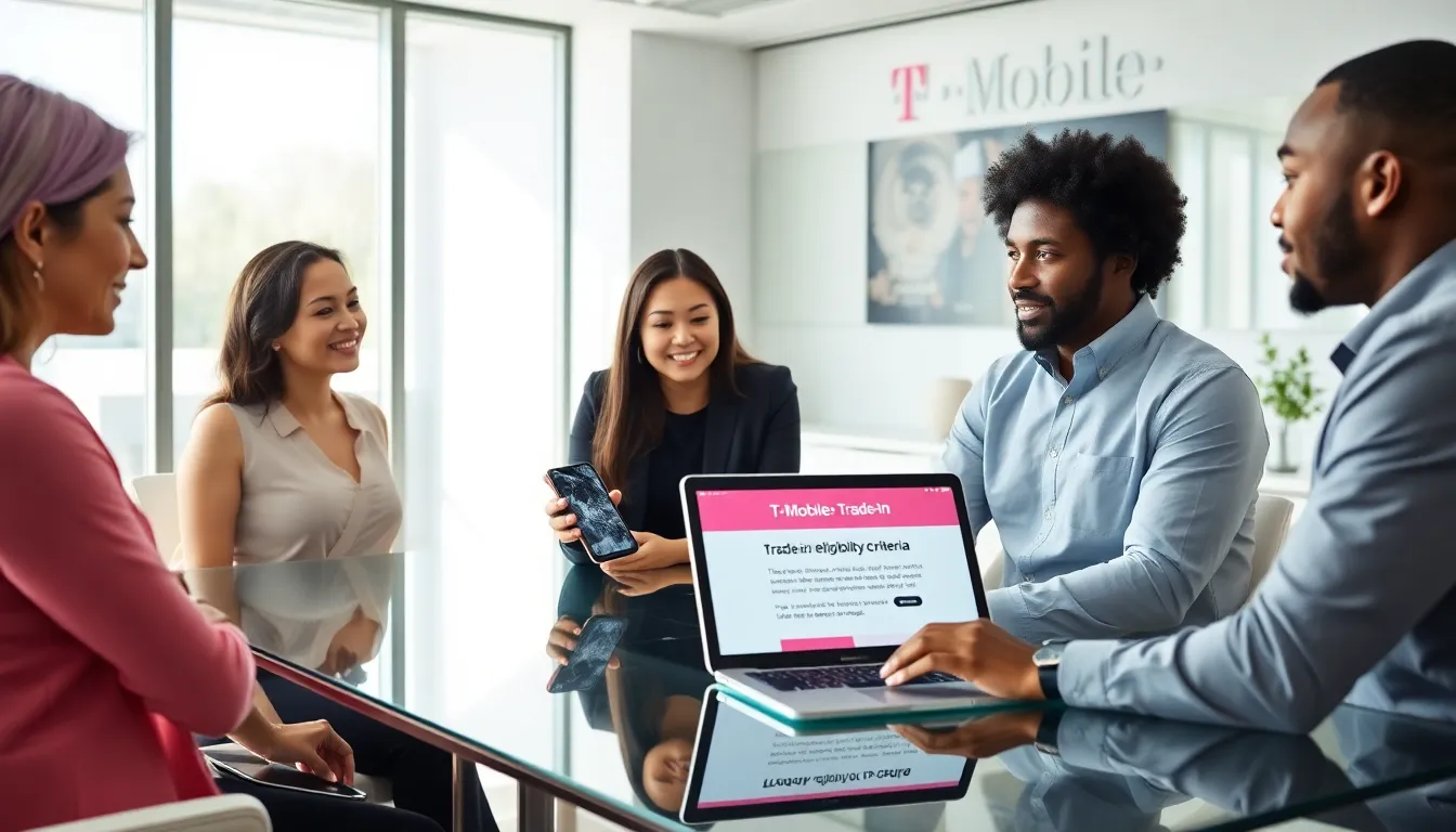 diverse team discussing T-Mobile trade-in program with a broken phone.