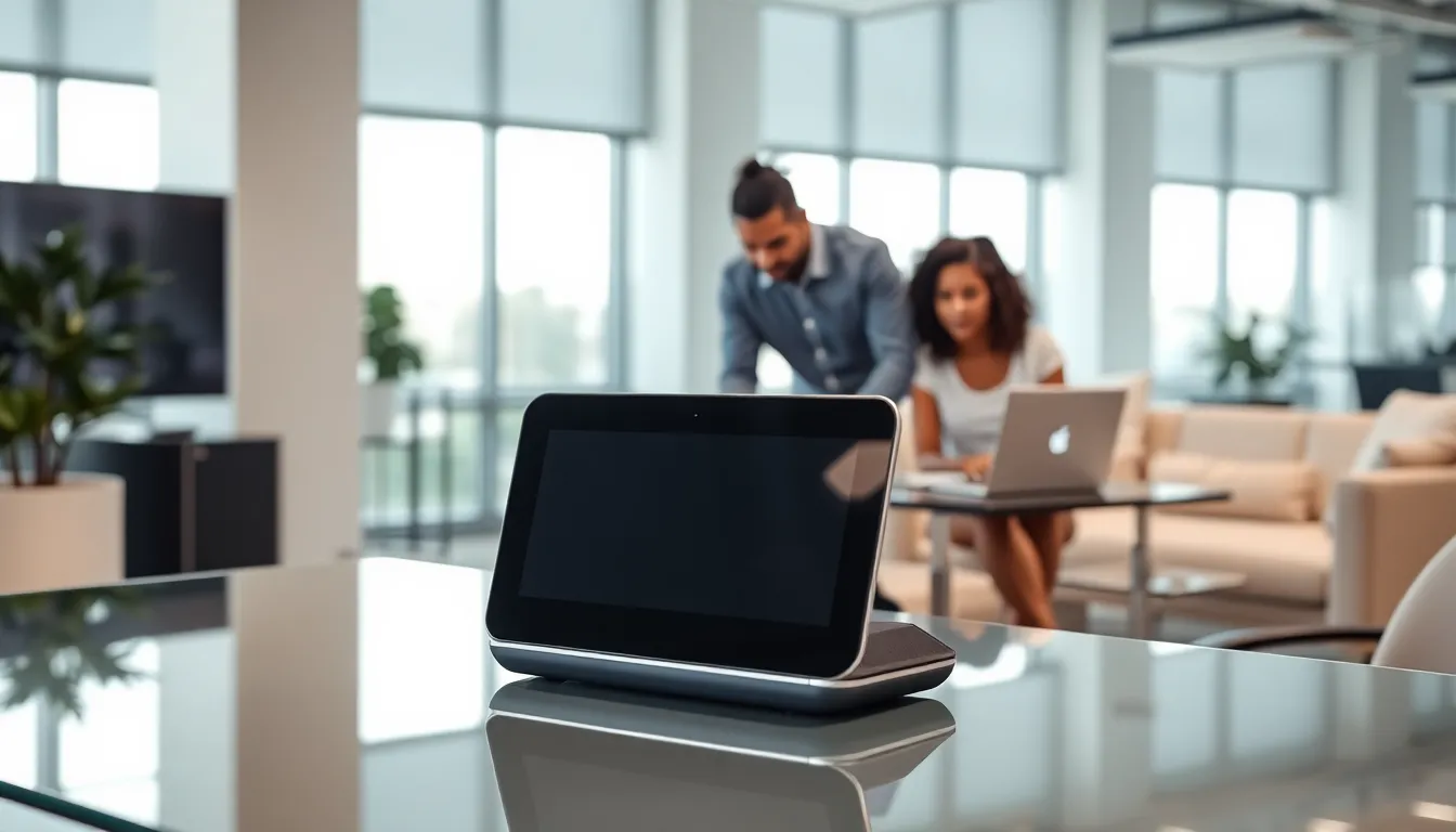 professionals discussing the Lulu7870 device in a modern office setting.